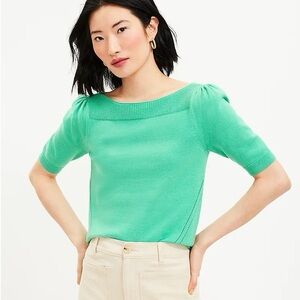 EUC LOFT Kelly Green Puff Sleeve Boatneck Knit Sweater Tee